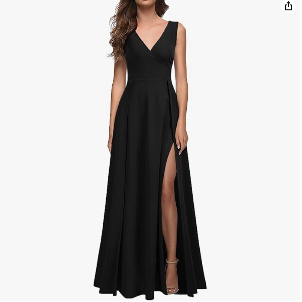 MUSHARE V-Neck Sleeveless Formal Cocktail Party Long Dress (Black, 2XL)